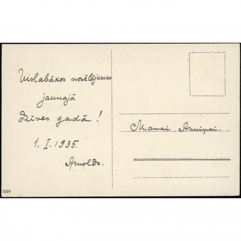 Eiropas poligrāfija (Sērija 1019): Ziemas ainava ar Art Deco rāmi un zeltītu druku. Tīrs pasts, personīgs veltījums (1935. g.)