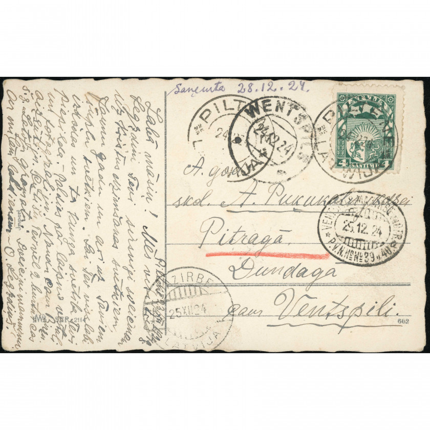 Немецкое издательство HWB (Серия 662): Олени зимой. Уникальная почта 1924 г. (4 штемпеля): Пилтене-Вентспилс-Ж/Д вагон-Мазирбе