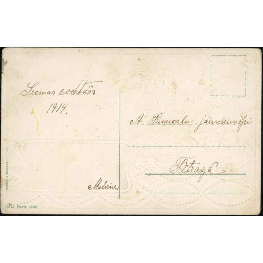 German Publisher "S. & S." (Bird/Rooster Logo, Series 4800): Embossed Winter Scene. Hand-Delivered 1914 Note to Pitrags