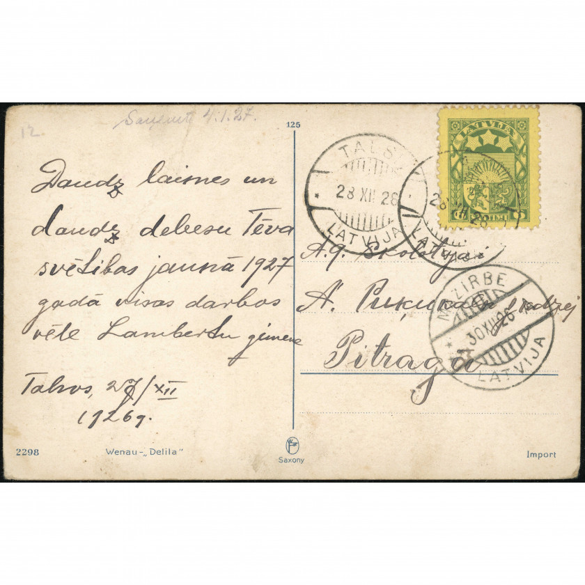 Izdevējs W.B. Saxony (Reliģiska atklātne): Meitenes ar puķēm, Bībeles pants. Sūtīta no Talsiem uz Pitragu (1926. g.)
