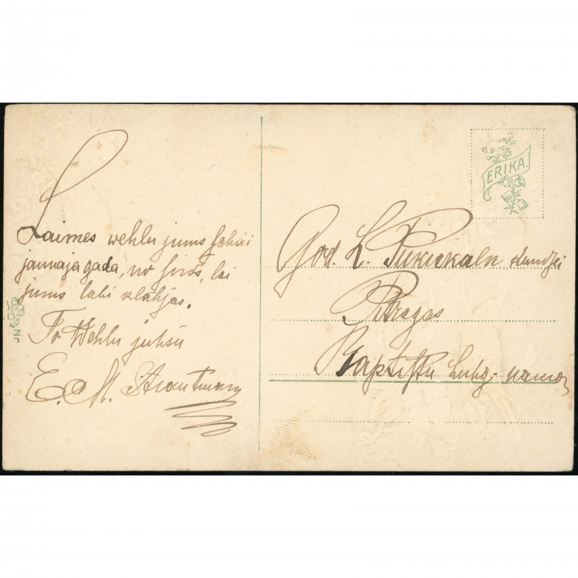 ERIKA Publisher (Greeting Postcard): Birds and flowers. Handwritten letter to Pitrags (1914)
