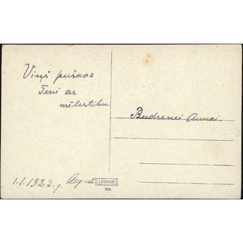 Izdevējs Leonar (Apsveikuma atklātne): Ainava aplī un rozes. Ar roku rakstīta vēstule (1923. g.)