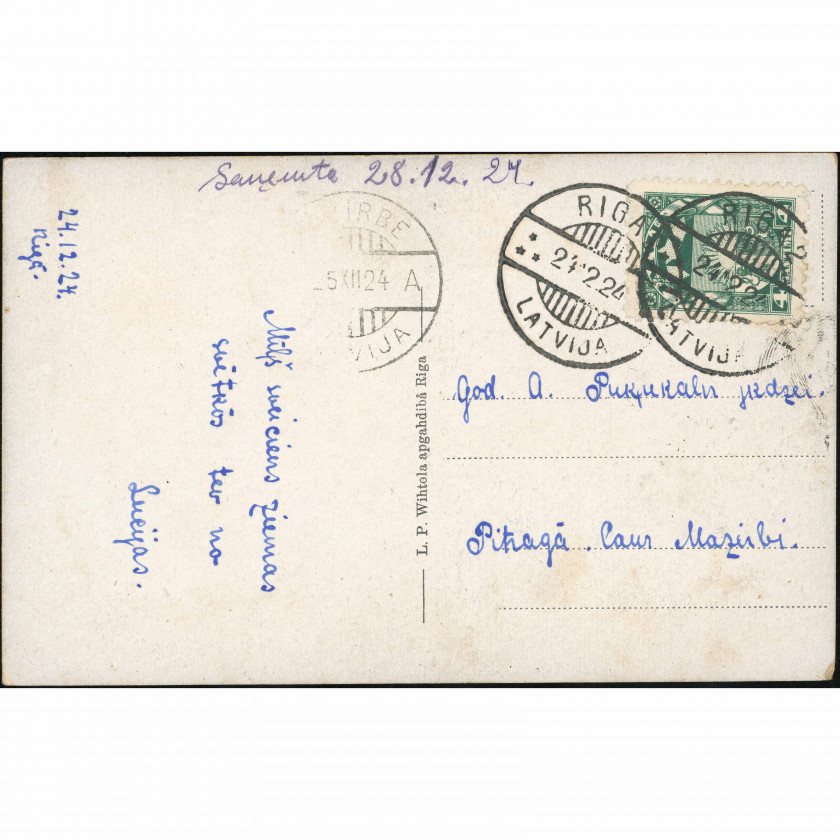 L. P. Wihtols (Christmas Postcard): Winter village scene, sheet music, and Christmas greeting. Mailed in 1924 (Pitrags)
