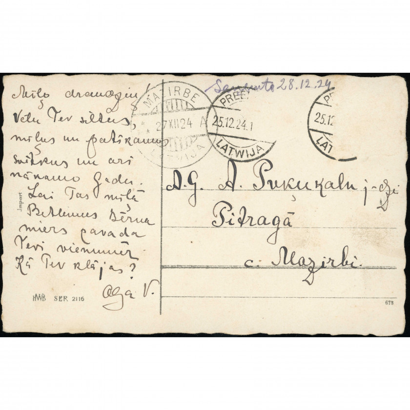 HWB Publisher (Christmas Postcard): Fir branch with cones. Mailed from Priekule to Pitrags, 1924