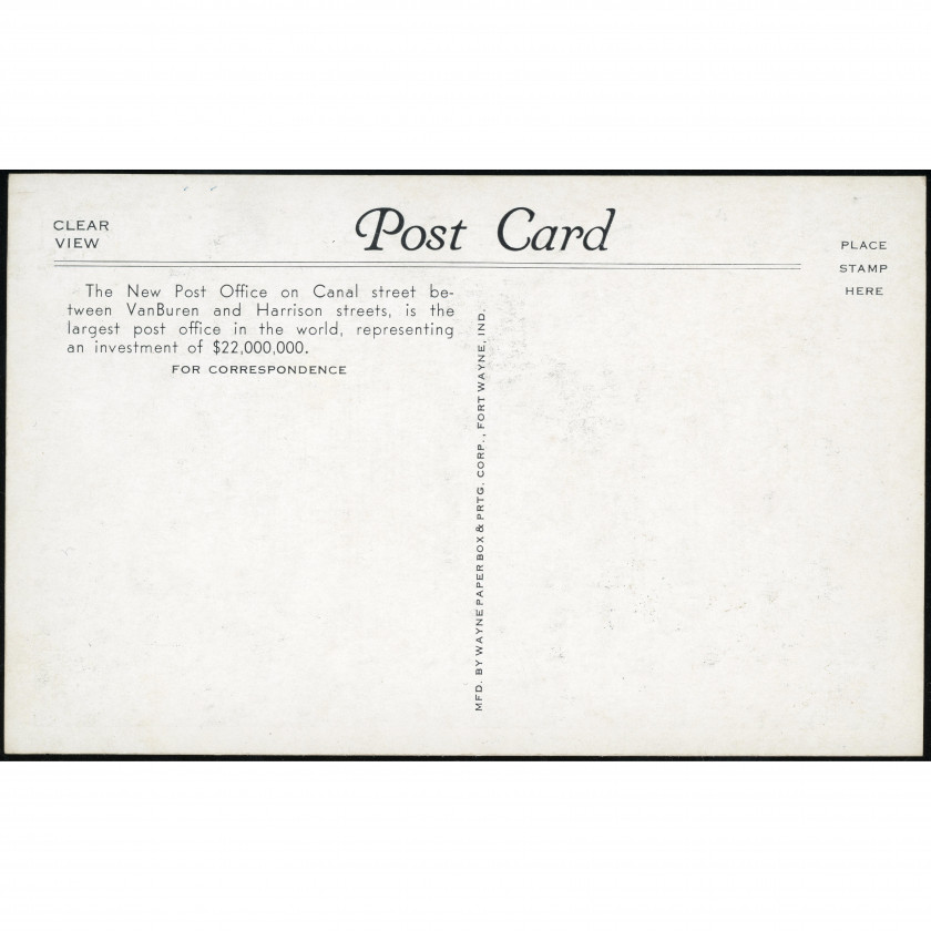 Chicago (Old Main Post Office, Illinois, USA), year: 1930s, publisher: Wayne Paper Box & Prtg. Corp. (Fort Wayne, Indiana).