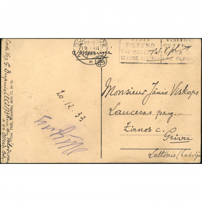 Ostende (Beļģija), nosūtīšanas gads: 1933. gada 19. decembris, izdevējs: Ern. Thill / NELS (Brisele).