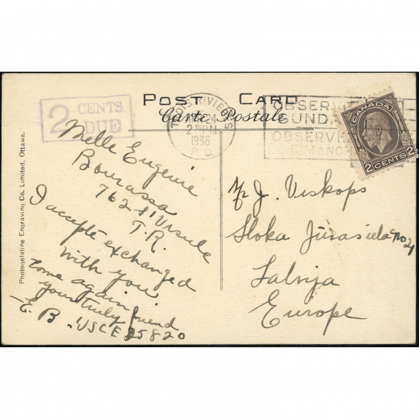 Труа-Ривьер (Почтовое отделение, Канада), дата отправки: 24 апреля 1936 г., издатель: Photogelatine Engraving Co. Limited, Ottawa.
