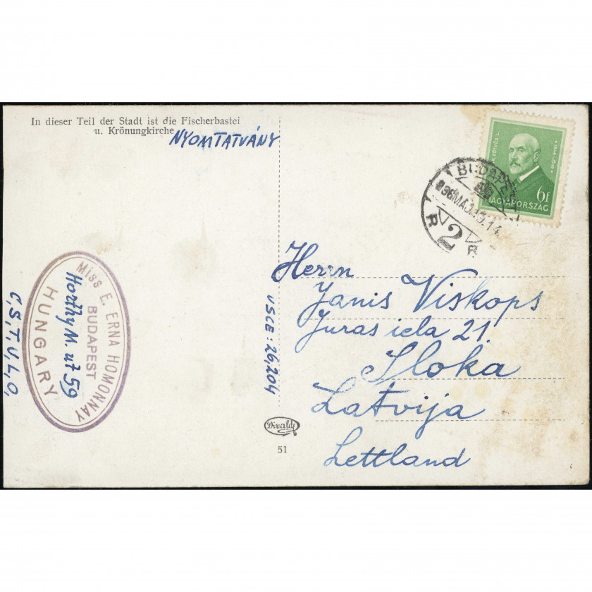 Budapest (Viziváros Quarter, Hungary), date mailed: May 15, 1936, publisher: Divald.