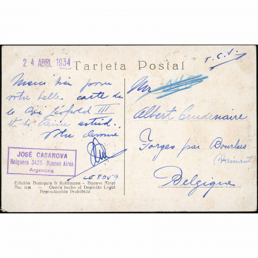 Buenosairesa (Avenida L. N. Alem, Argentīna), nosūtīšanas datums: 1934. gada 24. aprīlis, izdevējs: Bourquin & Kohlmann (Buenosairesa).