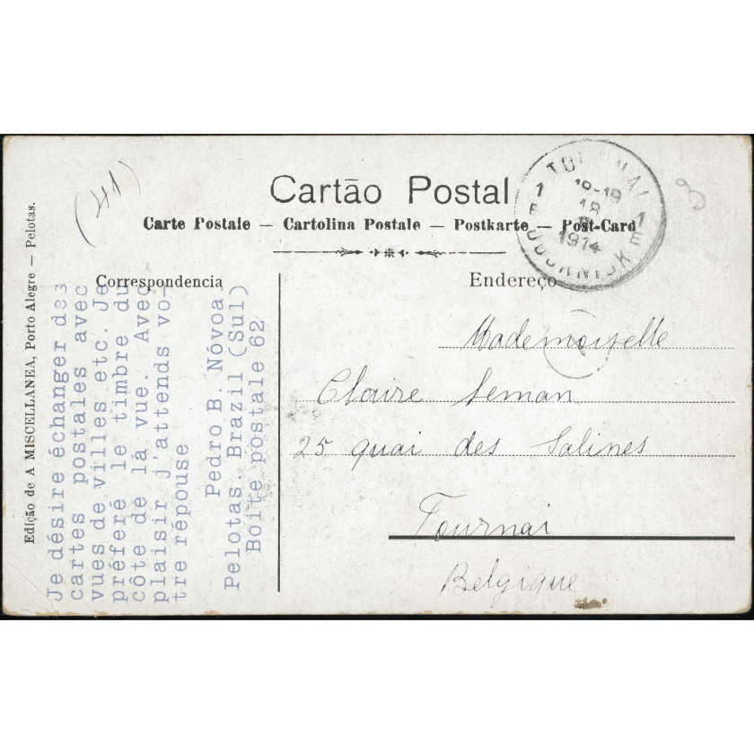 Pelotasa (Bērnunams, Brazīlija), nosūtīšanas gads: 1914., izdevējs: A MISCELLANEA (Porto Alegre — Pelotas).
