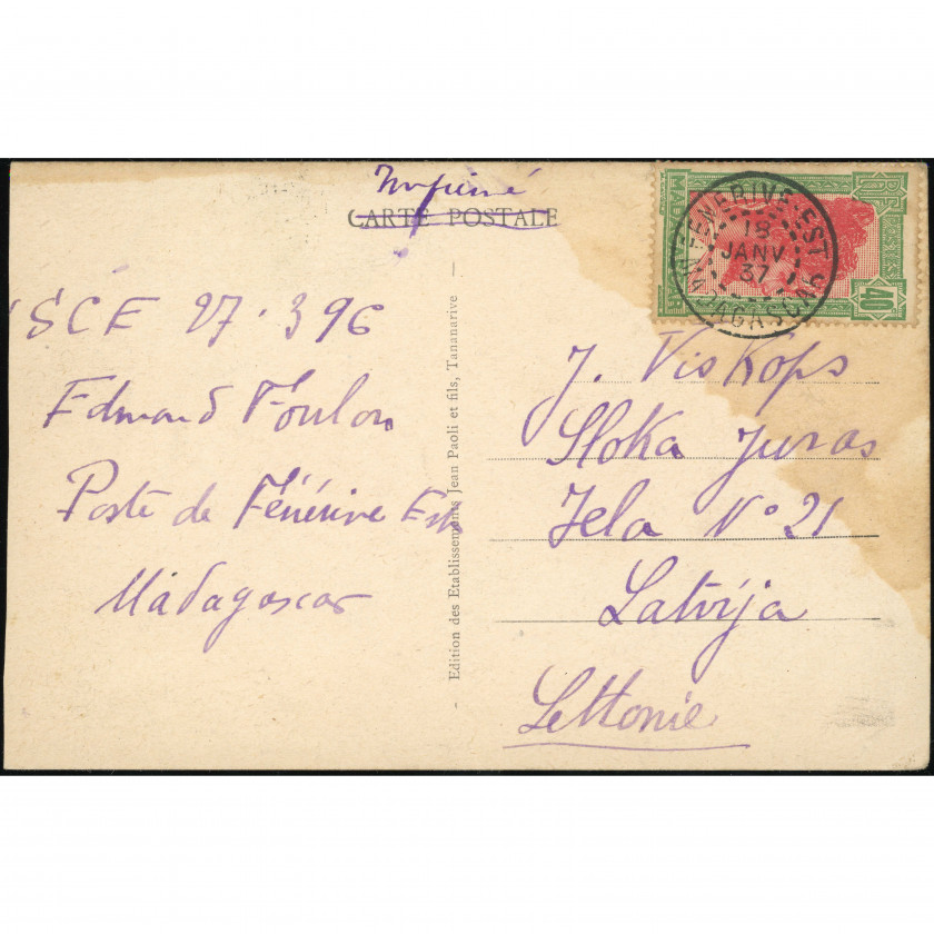 Антананариву (Тананариве, Мадагаскар), дата отправки: 18 января 1937 г., издатель: Etablissements Jean Paoli et fils.