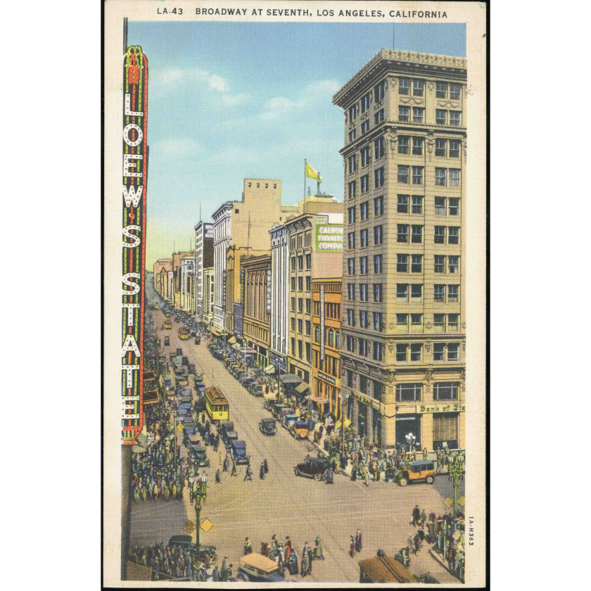Losandželosa (Brodvejas un Septītās ielas krustojums, Kalifornija, ASV), gads: 1931 (pēc Curt Teich koda), izdevējs: Western Publishing & Novelty Co. (Losandželosa).