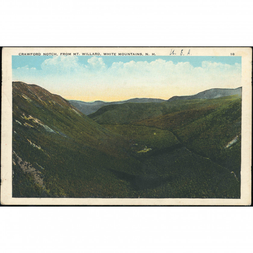 Crawford Notch (White Mountains, New Hampshire, USA), year: 1910s–1920s, publisher: Hartman Card & Souvenir Co. (Portland, Maine).
