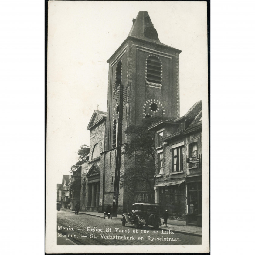 Menena (Sv. Vedasta baznīca un Lilles iela, Beļģija), nosūtīšanas gads: 1936. gada 17. jūlijs, izdevējs: Nezināms (īsta fotogrāfija).