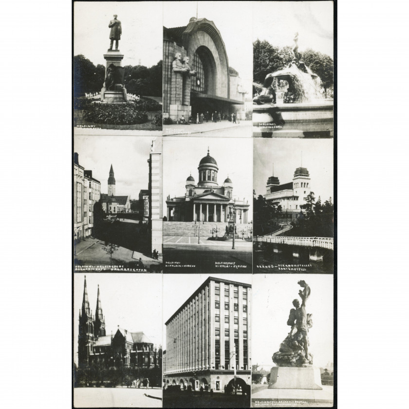 Helsinki (Deviņi pilsētas skati: dzelzceļa stacija, Katedrāle, strūklakas un ielas, Somija), gads: pirms 1939. gada, izdevējs: H.P.K. F.