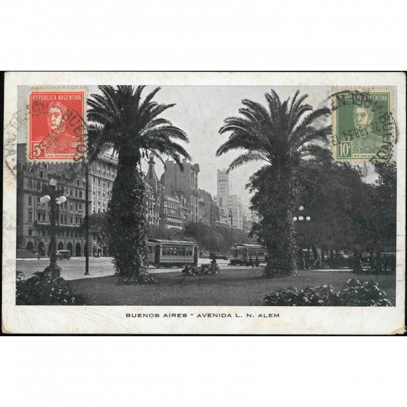 Buenosairesa (Avenida L. N. Alem, Argentīna), nosūtīšanas datums: 1934. gada 24. aprīlis, izdevējs: Bourquin & Kohlmann (Buenosairesa).
