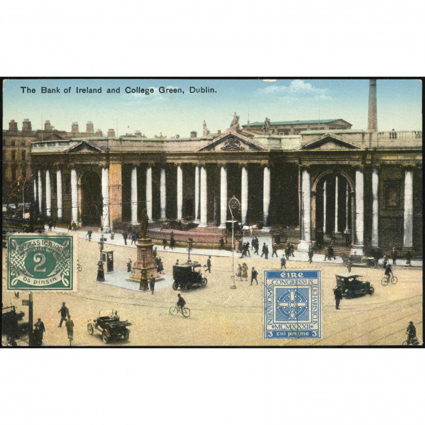 Dublin (Ireland) — The Bank of Ireland and College Green, period: 1932 (based on the stamp), publisher: Printed in Germany.