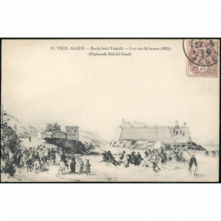 Alžīra (Alžīrija) — Vēsturisks 24 stundu forta skats 1835. gadā, perioda datējums: Vecas gravīras reprodukcija, izdevējs: nav norādīts (sērija Vieil Alger).