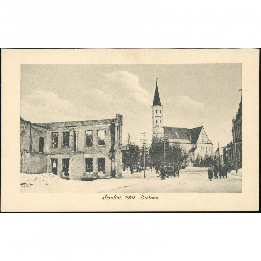Šiauliai (Lithuania) — Historical view of a ruined building with the Cathedral in the background (1919), period of dispatch: 1930s, publisher: K. Cerpinskis (Šiauliai, Nr. 14).