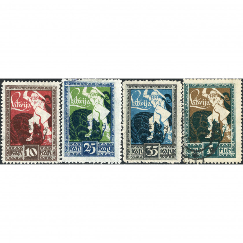 1919, Латвия, 10k-1Rub, Соловьев #34-#37 / Мишель #36-#39, Литография, Без ВЗ, P11.5
