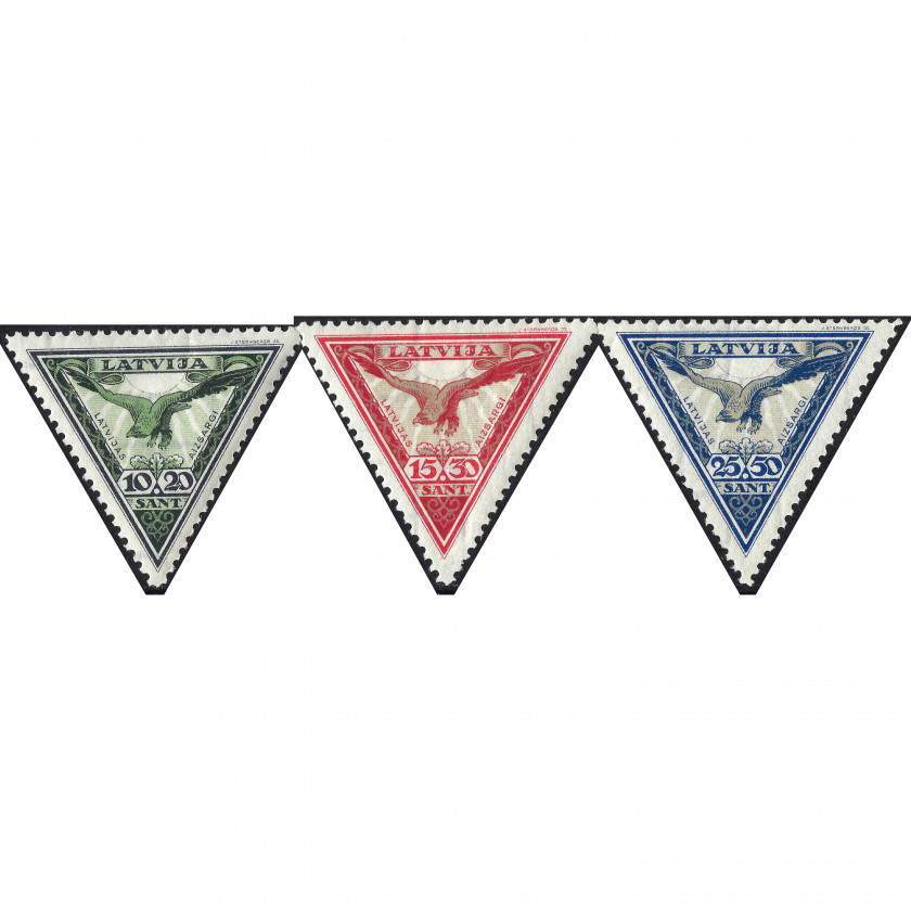1932, Латвия, 10+20s-25+50s, Соловьев #197-#199, Литография, ВЗ, P11, Авиапочта