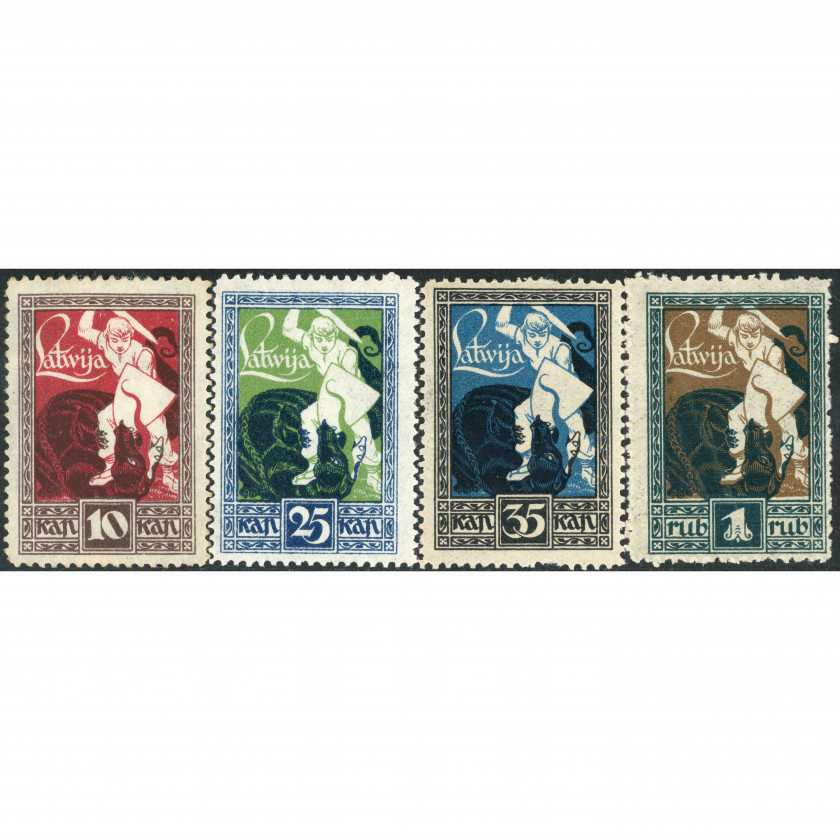 1919, Латвия, 10k-1Rub, Соловьев #34-#37 / Мишель #36-#39, Литография, Без ВЗ, P11.5