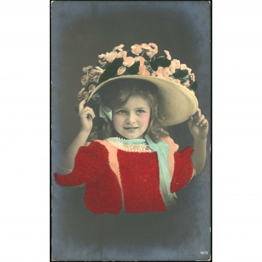 1918, Latvia , Postcard: Girl in Floral Hat with Velvet/Flocked Applique Details