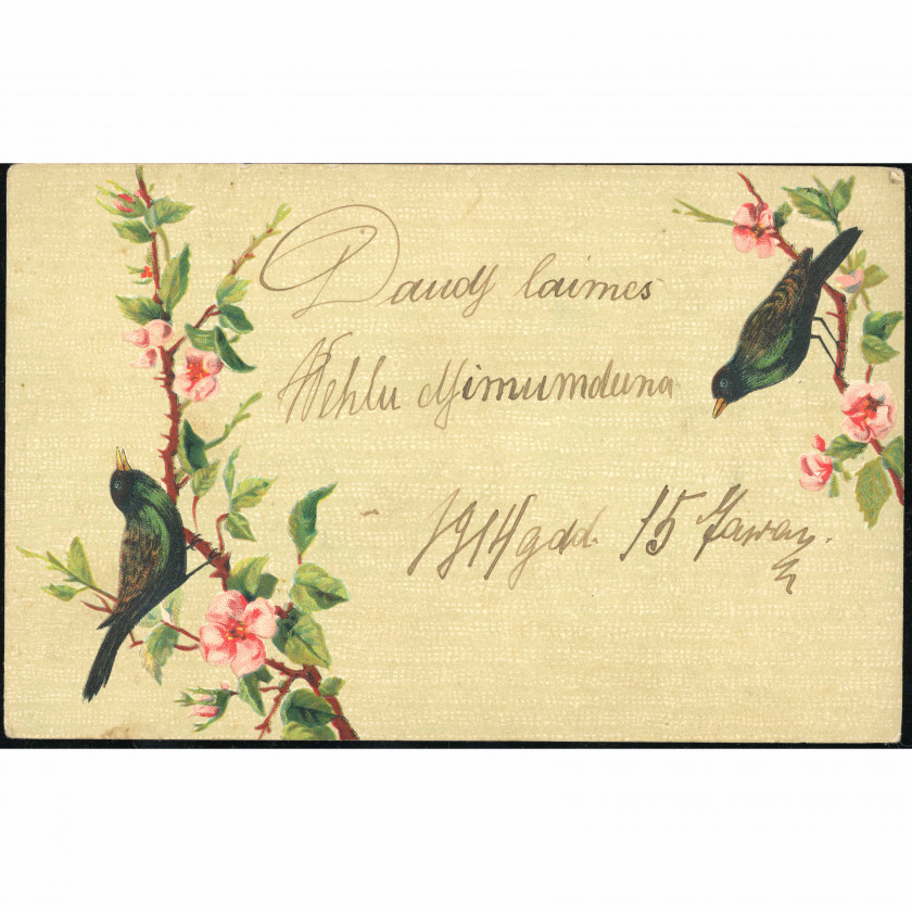 ERIKA Publisher (Greeting Postcard): Birds and flowers. Handwritten letter to Pitrags (1914)