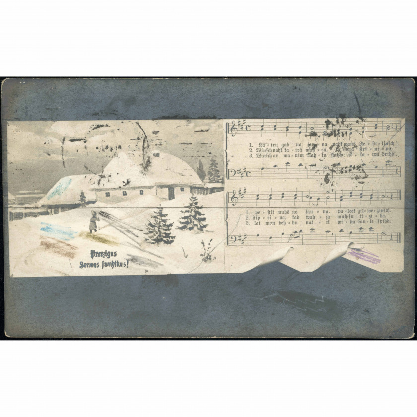 G. Butkiewicz (Christmas Postcard): Winter landscape with snow-covered house and sheet music. Mailed in 1927 (Pitrags)