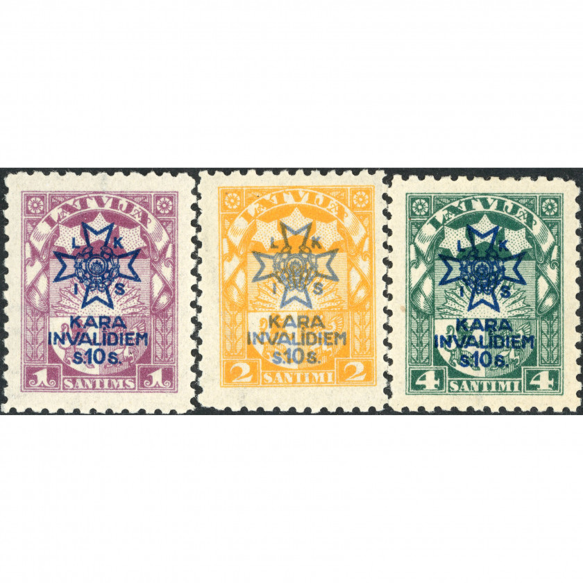 1923, Латвия, 1+10s-4+10s, Соловьев #117-#119 / Мишель #100-#102, Литография, ВЗ, P11.5