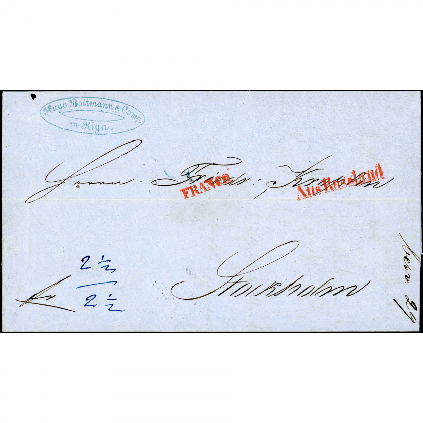 1857, Latvija (Krievijas Impērija), Salocīta komerciāla vēstule no Rīgas uz Stokholmu (Zviedrija)