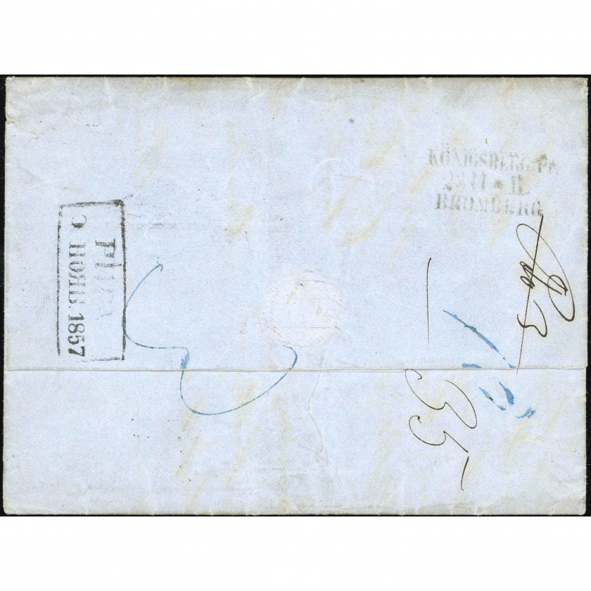 1857, Latvija (Krievijas Impērija), Salocīta komerciāla vēstule, kas nosūtīta no Rīgas uz Kopenhāgenu (Dānija)