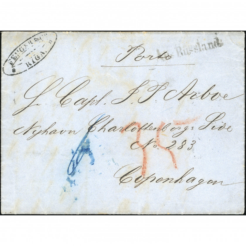1857, Latvija (Krievijas Impērija), Salocīta komerciāla vēstule, kas nosūtīta no Rīgas uz Kopenhāgenu (Dānija)