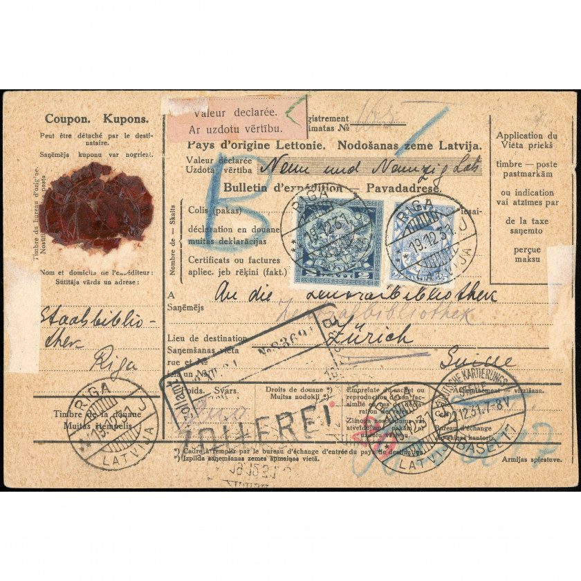 1937, Latvia, International insured parcel dispatch note from Riga to Zurich