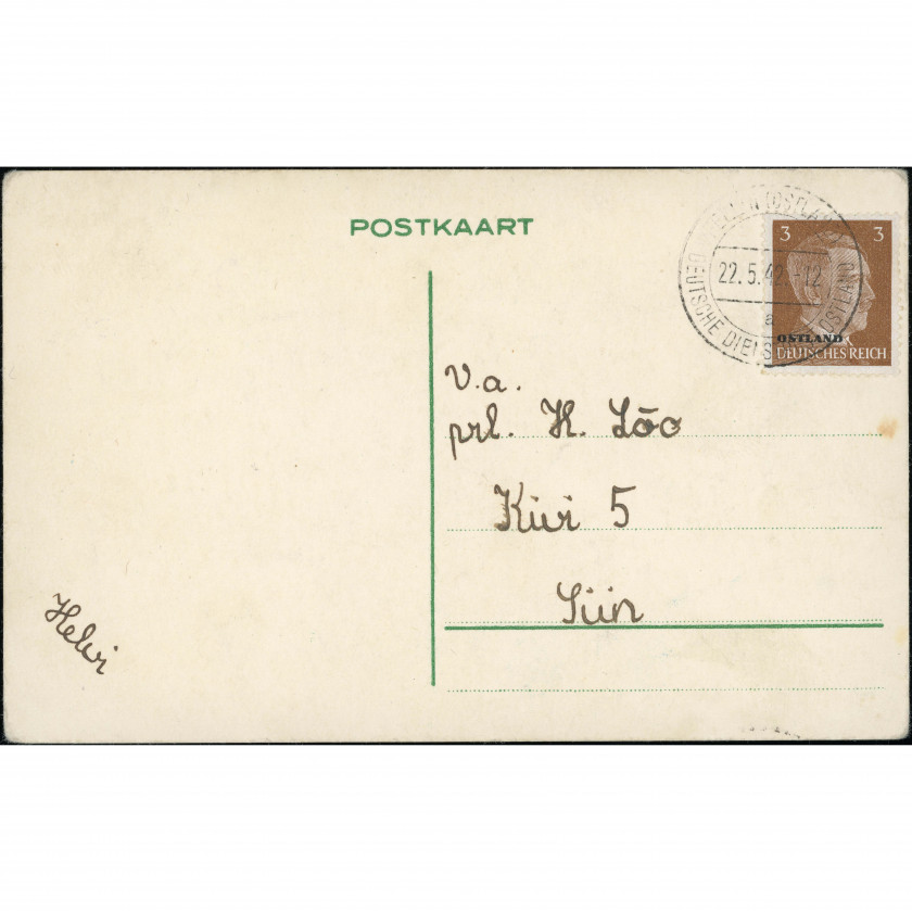 1942, Latvia, German occupation (Reichskommissariat Ostland) postcard mailed from Ösel (Saaremaa) to Arensburg