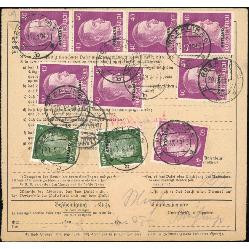 1943, Lithuania, Parcel dispatch note from the Reichskommissariat Ostland period, from Rozalimas (Lithuania) to Hannover