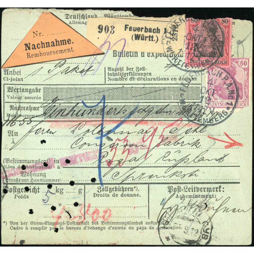 1912, German Empire, International parcel dispatch note with Cash on Delivery mailed from Württemberg to Riga