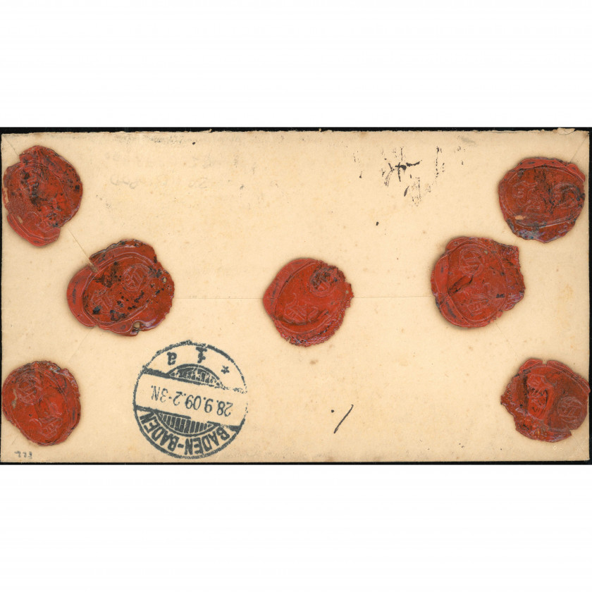 1909, Latvija (Krievijas Impērija), Starptautiska apdrošināta un ierakstīta vēstule, kas nosūtīta no Rīgas centrālās pasta nodaļas uz Bādenbādeni (Vācija)