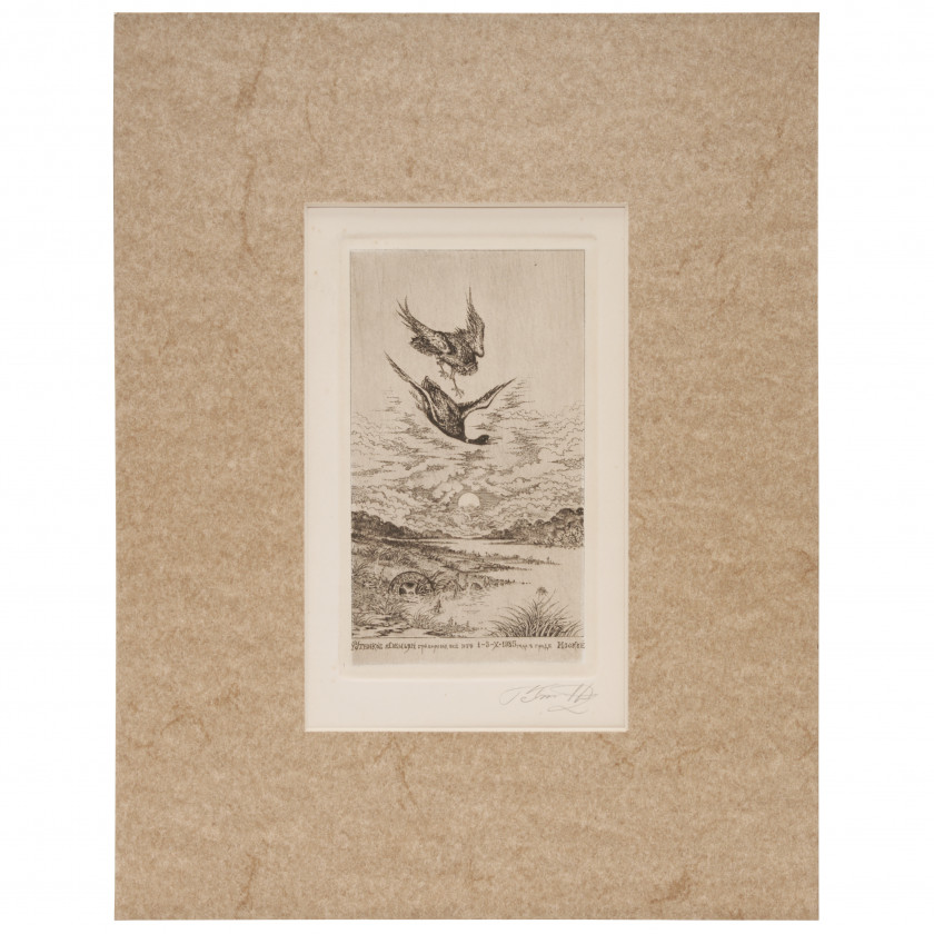 Etching "Eagle-owl hunting duck"