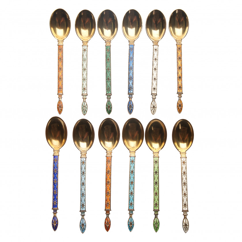 Set of silver coffee spoons with enamel, 12 pcs.