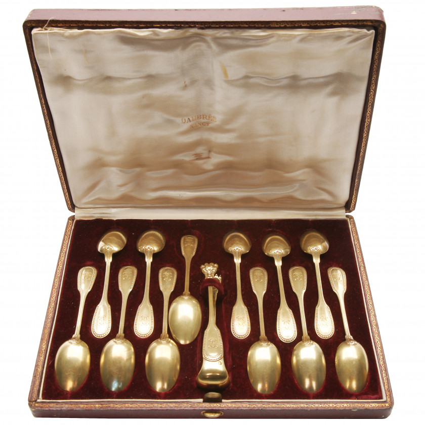 Set of silver teaspoons with sugar tongs, 13 pcs.