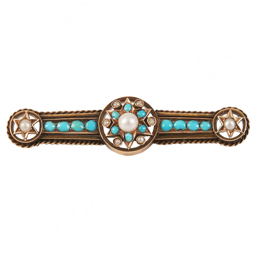 Gold brooch with pearls and turquoises