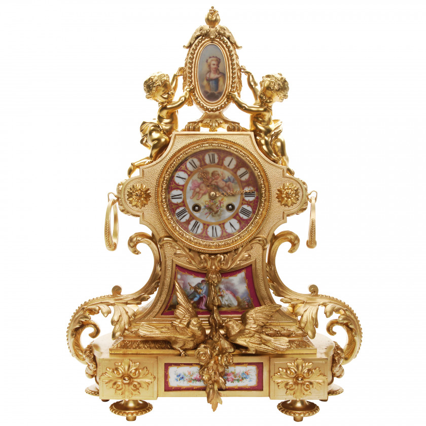Bronze mantel clock with porcelain inserts