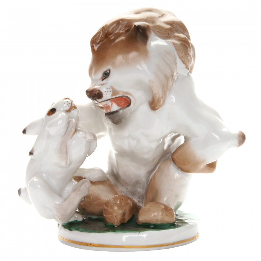 Porcelain figure "Lion and hare"