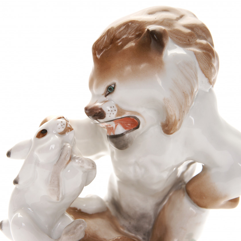 Porcelain figure "Lion and hare"