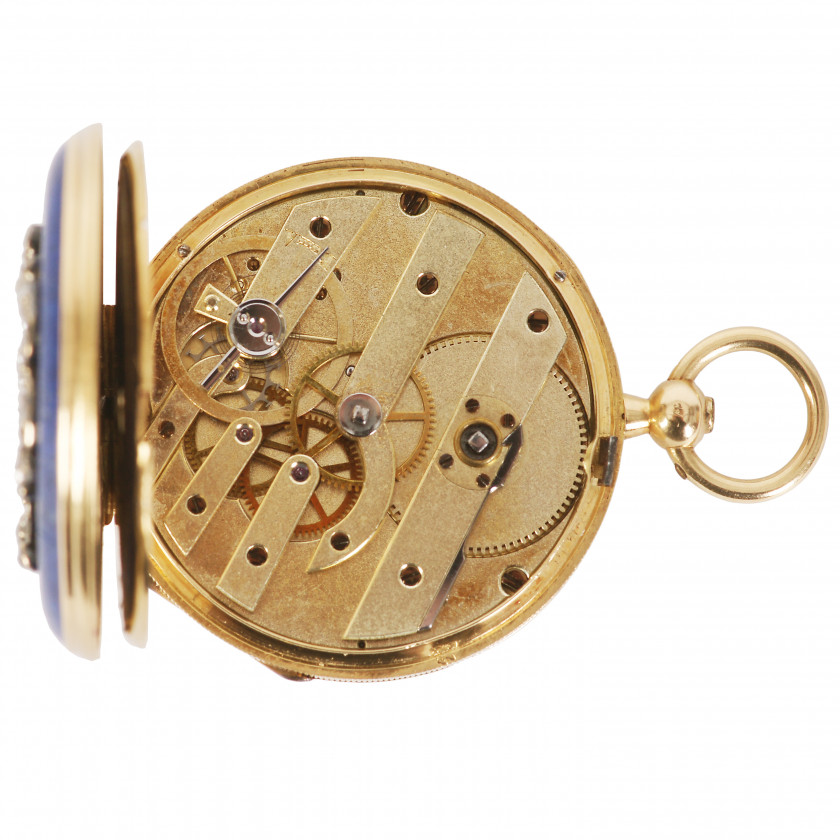 Zelta sieviešu pulkstenis-kulons ar lazurītu un dimantiem "Le Roy & Fils"