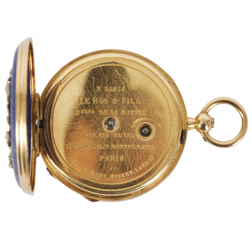 Zelta sieviešu pulkstenis-kulons ar lazurītu un dimantiem "Le Roy & Fils"