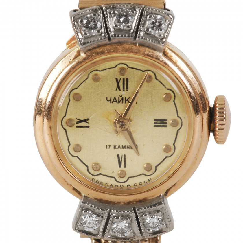 Sieviešu zelta pulkstenis ar briljantiem "Чайка"