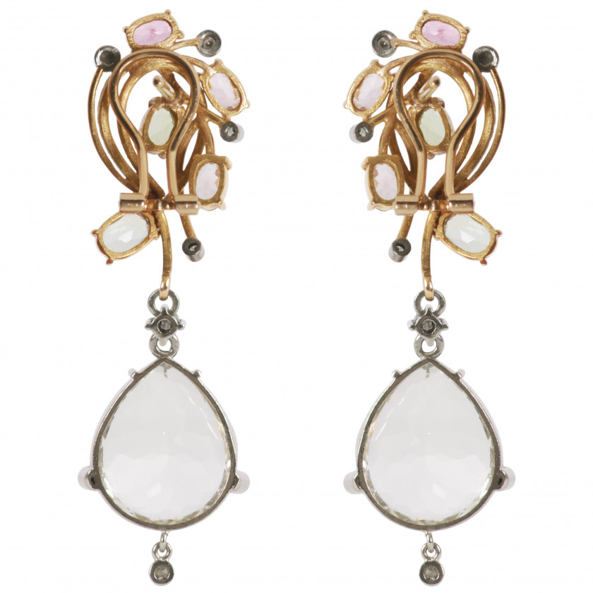 Gold earrings with diamonds, tourmalines and spodumens