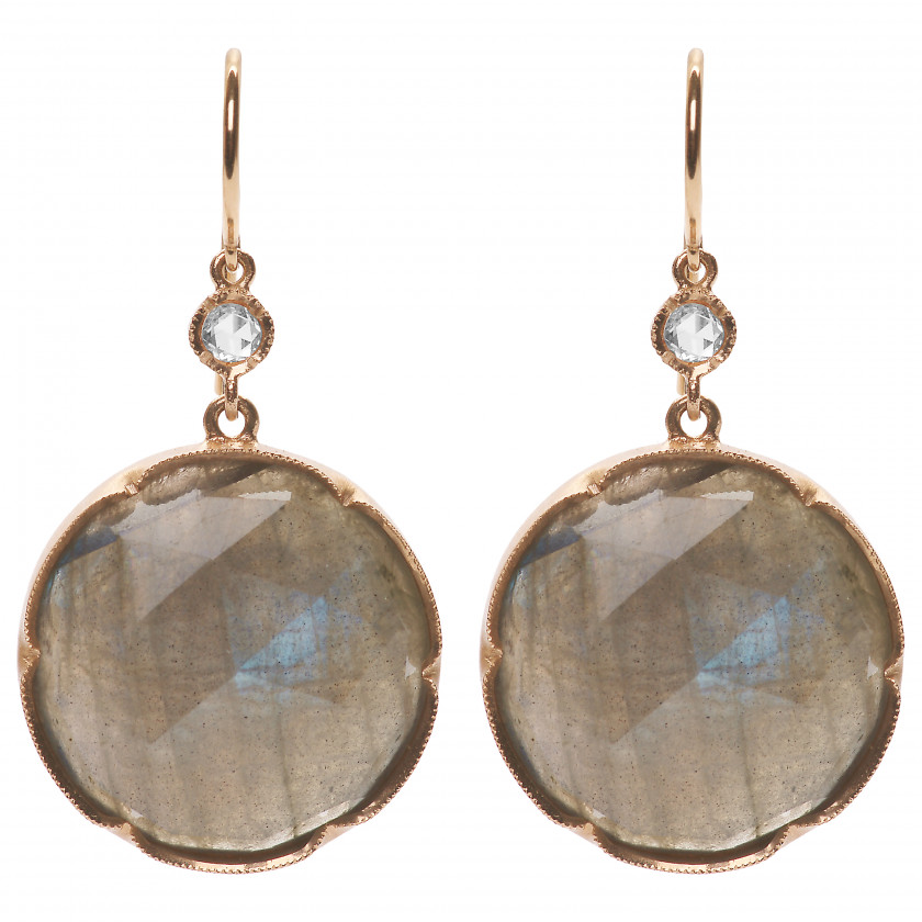 Gold earrings with diamonds and labradorite